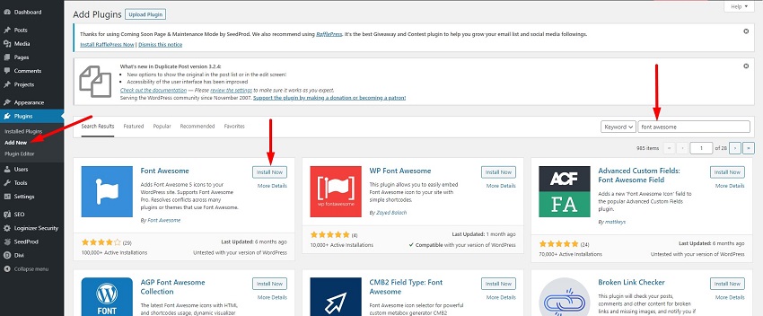 WordPress plugin install Font Awesome