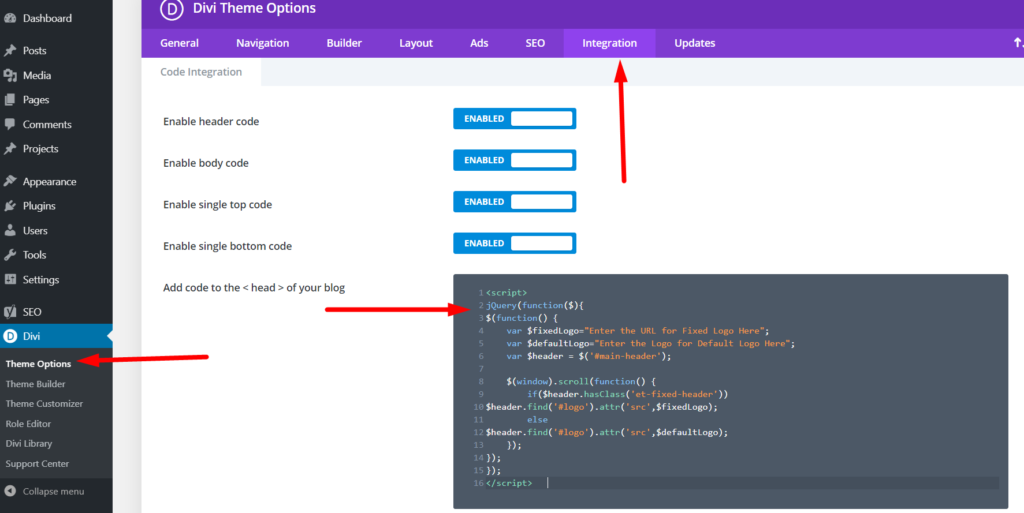 Divi theme options integration tab javascript code