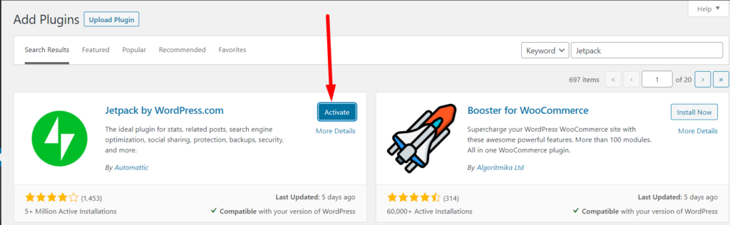 WordPress plugin Jetpack Activate button