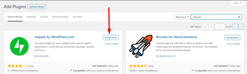 WordPress plugin Jetpack Install Now