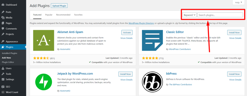 WordPress Dashboard plugin search