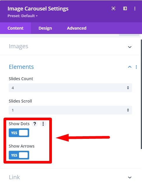 Divi Image Carousel Arrow and Dots settings