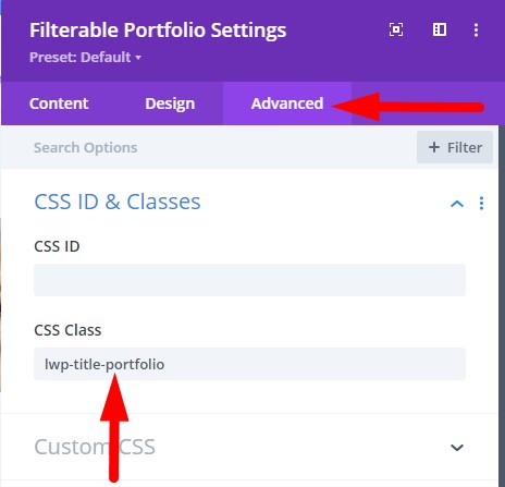 CSS Class show title on hover Divi filterable portfolio module