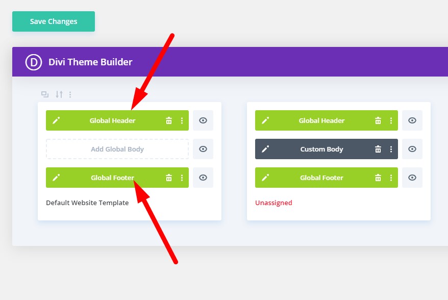 Custom header and footer created in the Divi theme builder