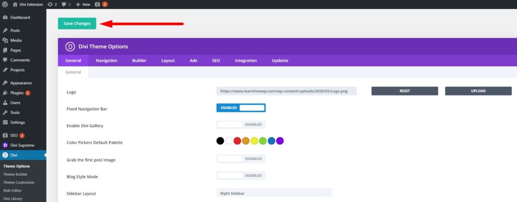 Divi Theme Options Save Button