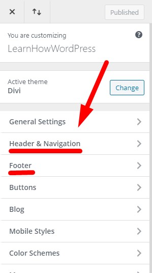 Header and Footer settings in Divi Theme Customizer