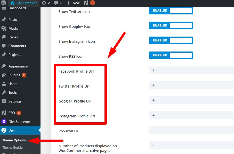 Divi social icons url setting