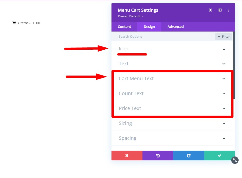 Divi Menu Cart Module Design Tab