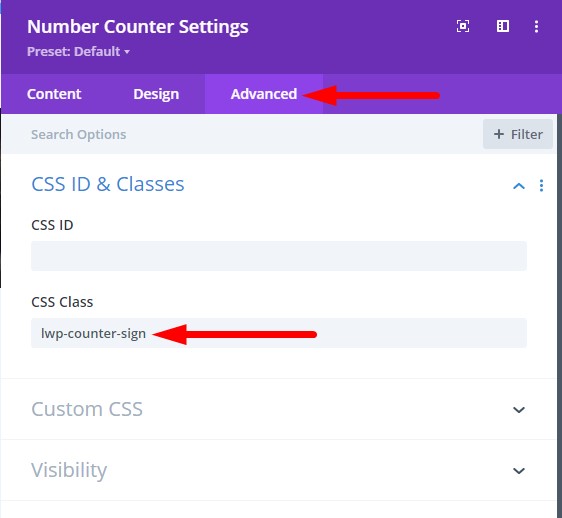 Number Counter settings CSS Class for changing to dollar sign
