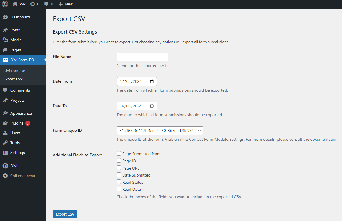 Divi Contact Form DB Export CSV Page