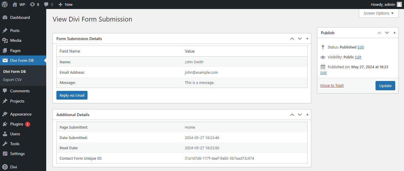 Divi Contact Form DB form submission page